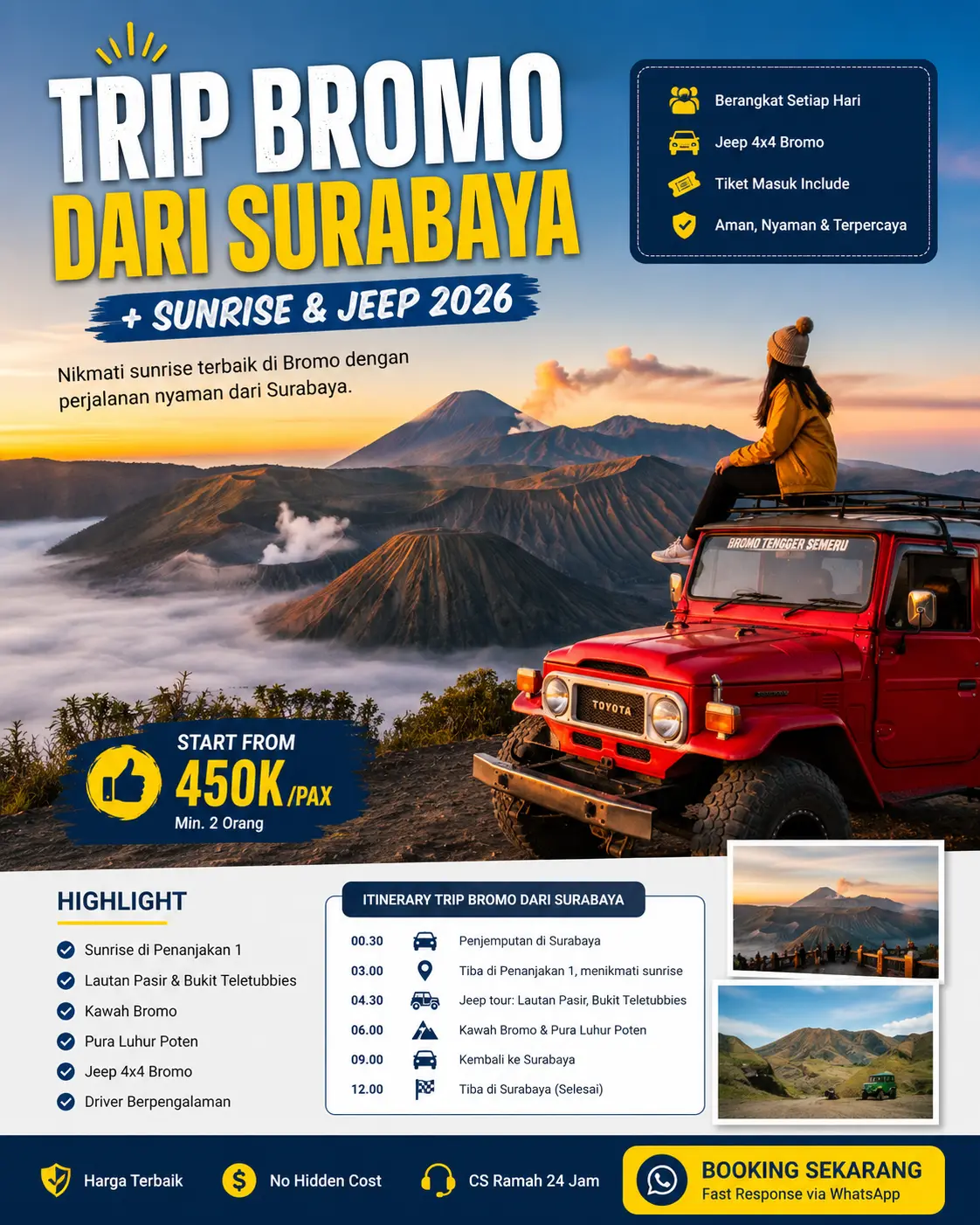 Pemandangan Pasir Berbisik dan Kawah dari lautan pasir dalam trip Bromo dari Surabaya